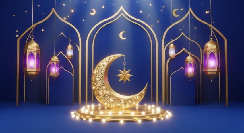 Eid Al Adha Arch Golden Moon And Lantern Background Free Download