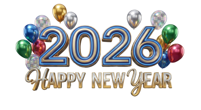 Happy New Year 2026 Luxury 3D Typography with Colorful Balloons PNG IMAGE FREE DOWNLOAD