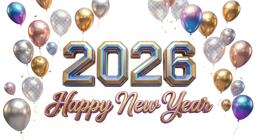 Happy New Year 2026 Elegant 3D Typography with Floating Balloons PNG IMAGE FREE DOWNLOAD