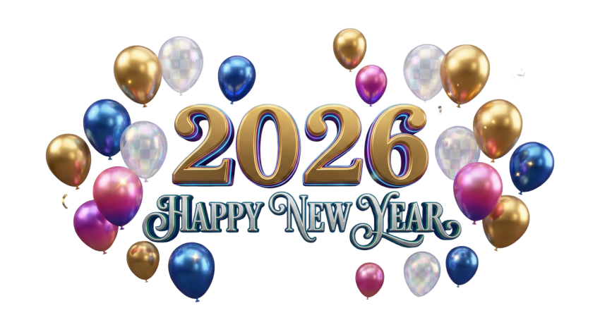 Happy New Year 2026 Premium Gold Typography with Balloons PNG IMAGE FREE DOWNLOAD