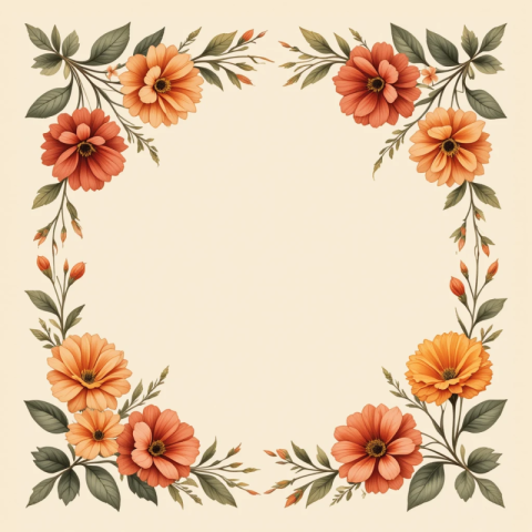 Free Orange Floral Border PNG – Vintage Flower Frame with Transparent Background