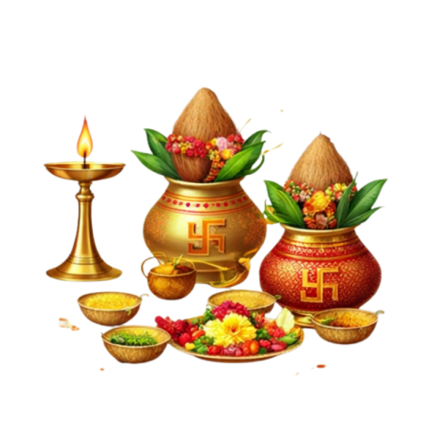 Hindu Kalash Puja Setup with Coconut Diya and Flowers Free PNG Image Download | VistaPNG