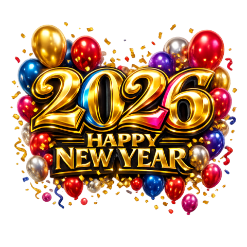 Happy New Year 2026 Celebration with Balloons & Golden Text PNG IMAGE FREE DOWNLOAD