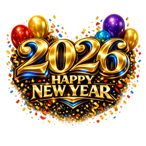 Happy New Year 2026 Golden 3D Text with Balloons and Confetti PNG IMAGE FREE DOWNLOAD