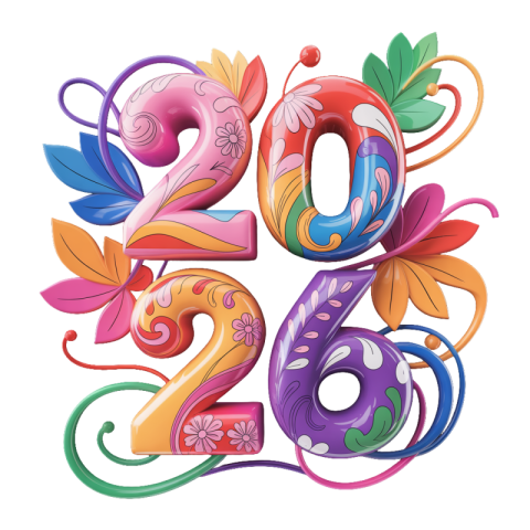 Colorful Floral 2026 Typography Design – Creative New Year Artwork PNG IMAGE FREE DOWNLOAD