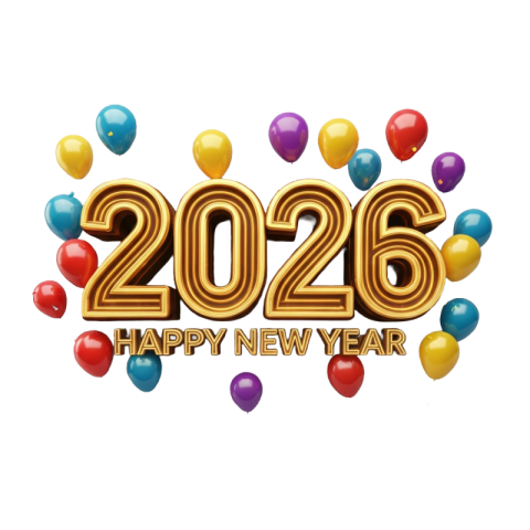 Happy New Year 2026 Golden 3D Typography With Colorful Balloons PNG IMAGE FREE DOWNLOAD