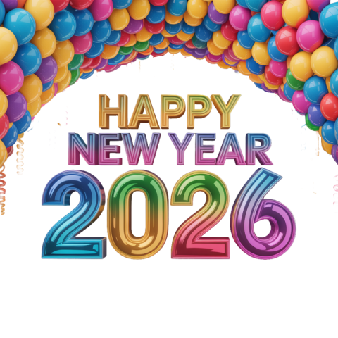 Happy New Year 2026 Colorful 3D Typography With Balloon Arch PNG IMAGE FREE DOWNLOAD