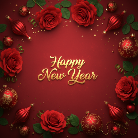 Elegant Happy New Year Gold Text with Red Roses and Festive Ornaments PNG IMAGE FREE DOWNLOAD