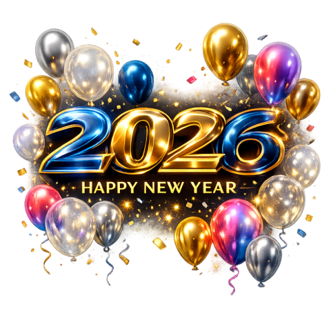 Happy New Year 2026 Premium Gold & Blue Balloon Celebration PNG IMAGE FREE DOWNLOAD