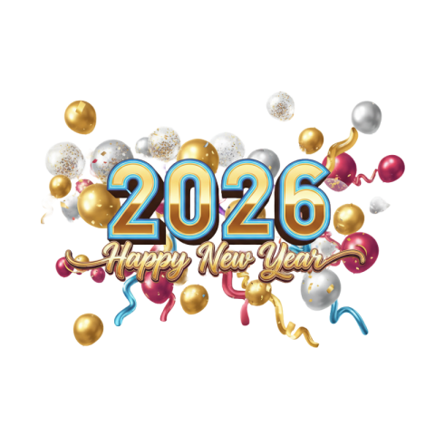 Happy New Year 2026 Celebration Typography with Balloons PNG IMAGE FREE DOWNLOAD