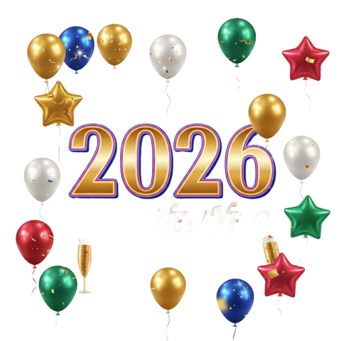 Happy New Year 2026 Gold 3D Numbers with Balloons & Party Elements PNG IMAGE FREE DOWNLOAD