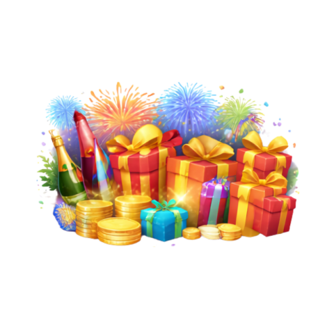 New Year Gifts With Fireworks And Coins Illustration PNG IMAGE FREE DOWNLOAD
