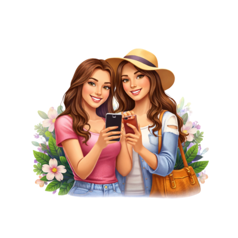 Two Girls Using Smartphone Cartoon Illustration PNG IMAGE FREE DOWNLOAD