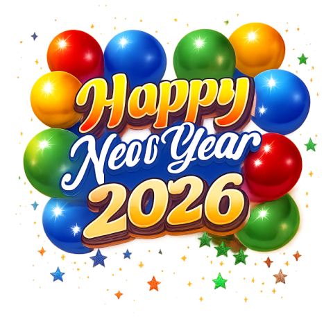 Happy New Year 2026 White Text with Balloons PNG IMAGE FREE DOWNLOAD