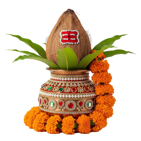 Traditional Kalash PNG Transparent Free Download – Pooja Kalash with Coconut & Garland