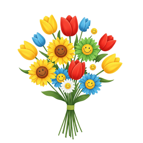 Smiling Sunflower & Tulip Bouquet PNG Free Download | Colorful Happy Flower Clipart Transparent