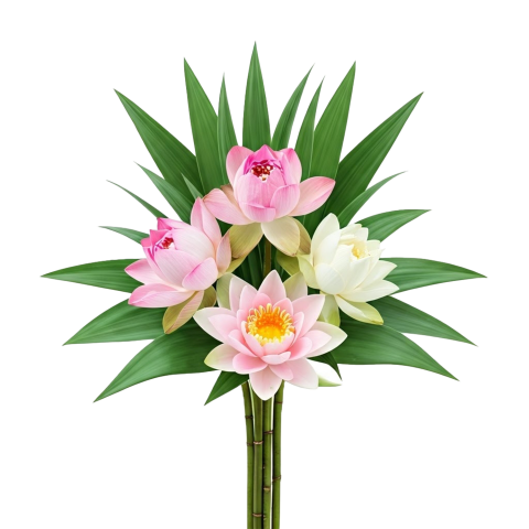 Lotus Flower Bouquet PNG Free Download | Pink & White Lotus with Green Leaves Transparent Background