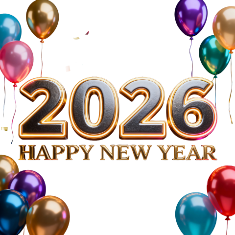 Luxury Gold 2026 Happy New Year Celebration with Balloons – Festive 3D Design PNG IMAGE FREE DOWNLOAD