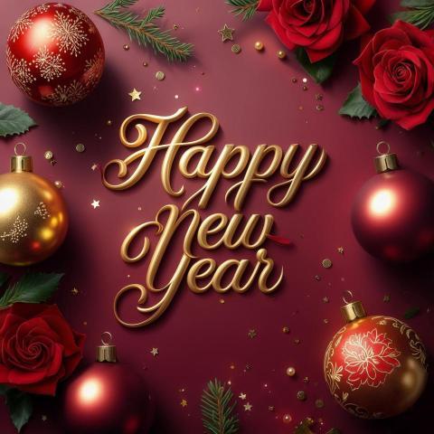 Luxury Happy New Year Golden Typography with Roses and Ornaments PNG IMAGE FREE DOWNLOAD